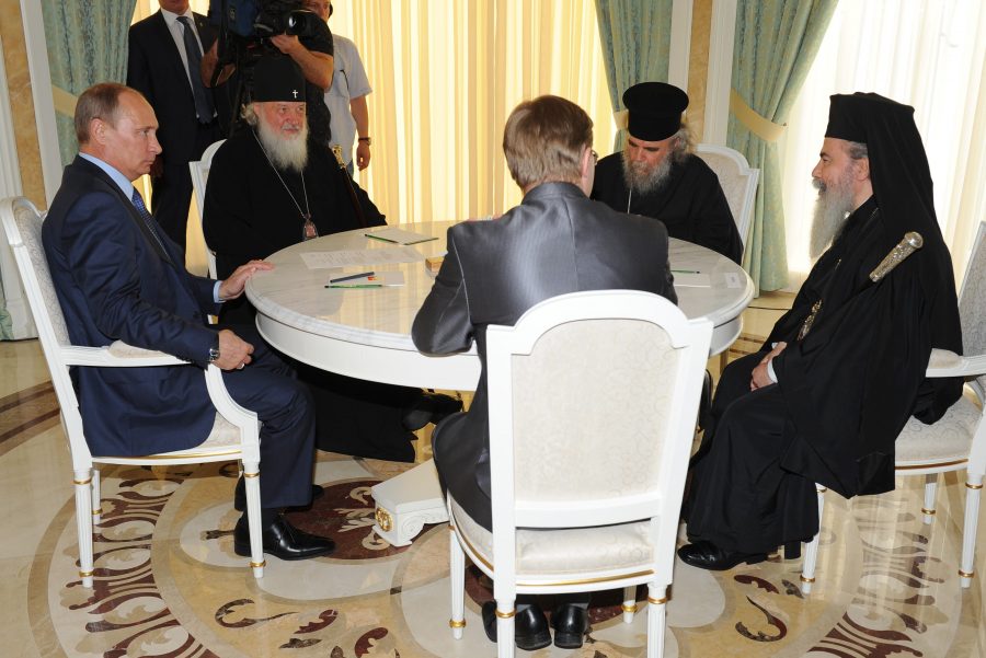 His Exc. Vladimir Putin, H.B. Patriarch Kyrill & H.B. Patriarch Theophilos & escort.