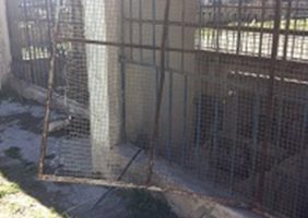 The chapel’s wire mesh gate, broken into