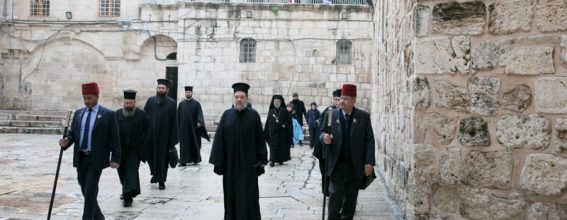 Fathers walking to the Church of the Resurrection